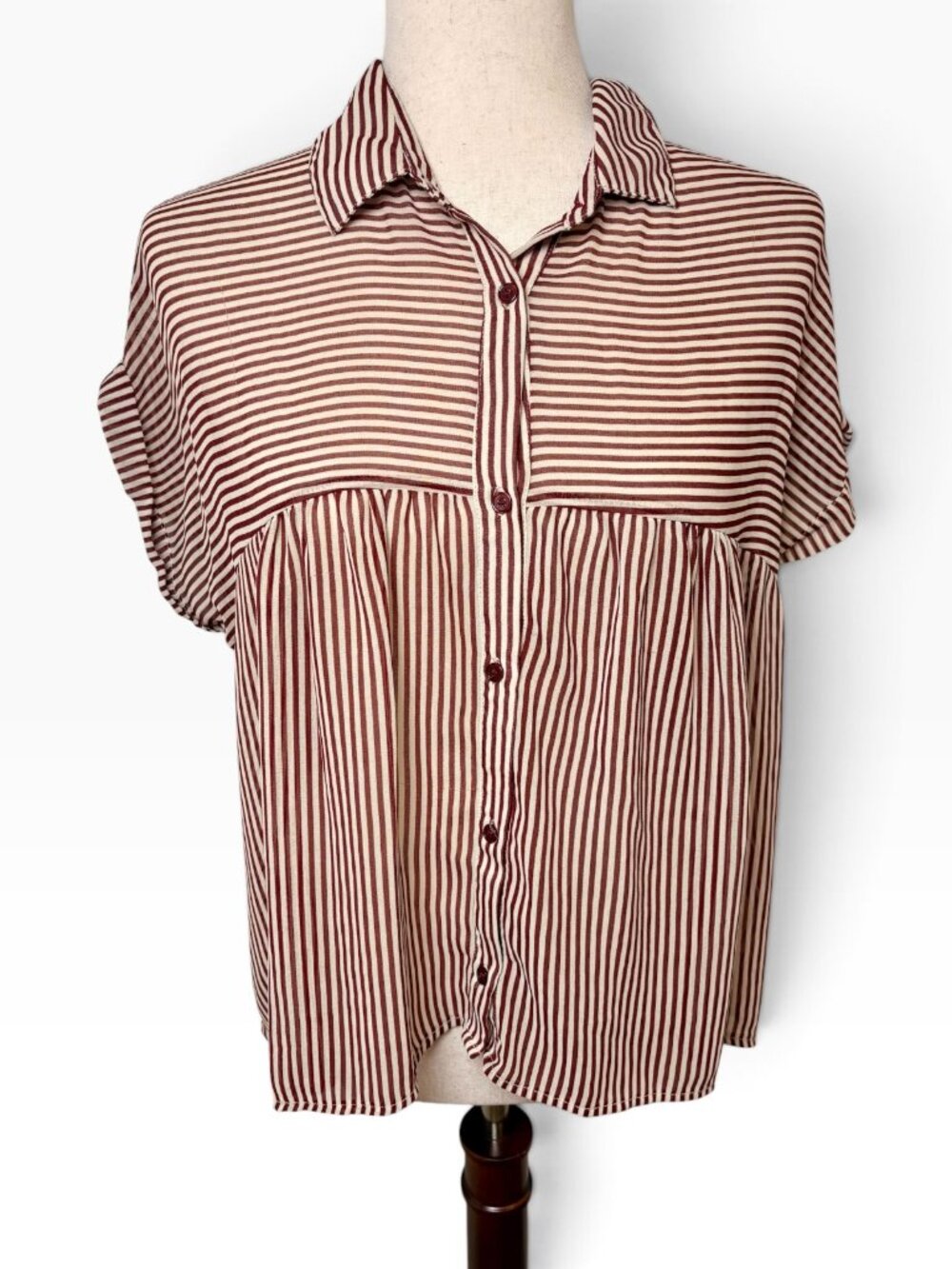 Anthropologie Elodie Brown Cream Striped Babydoll Button Blouse Medium